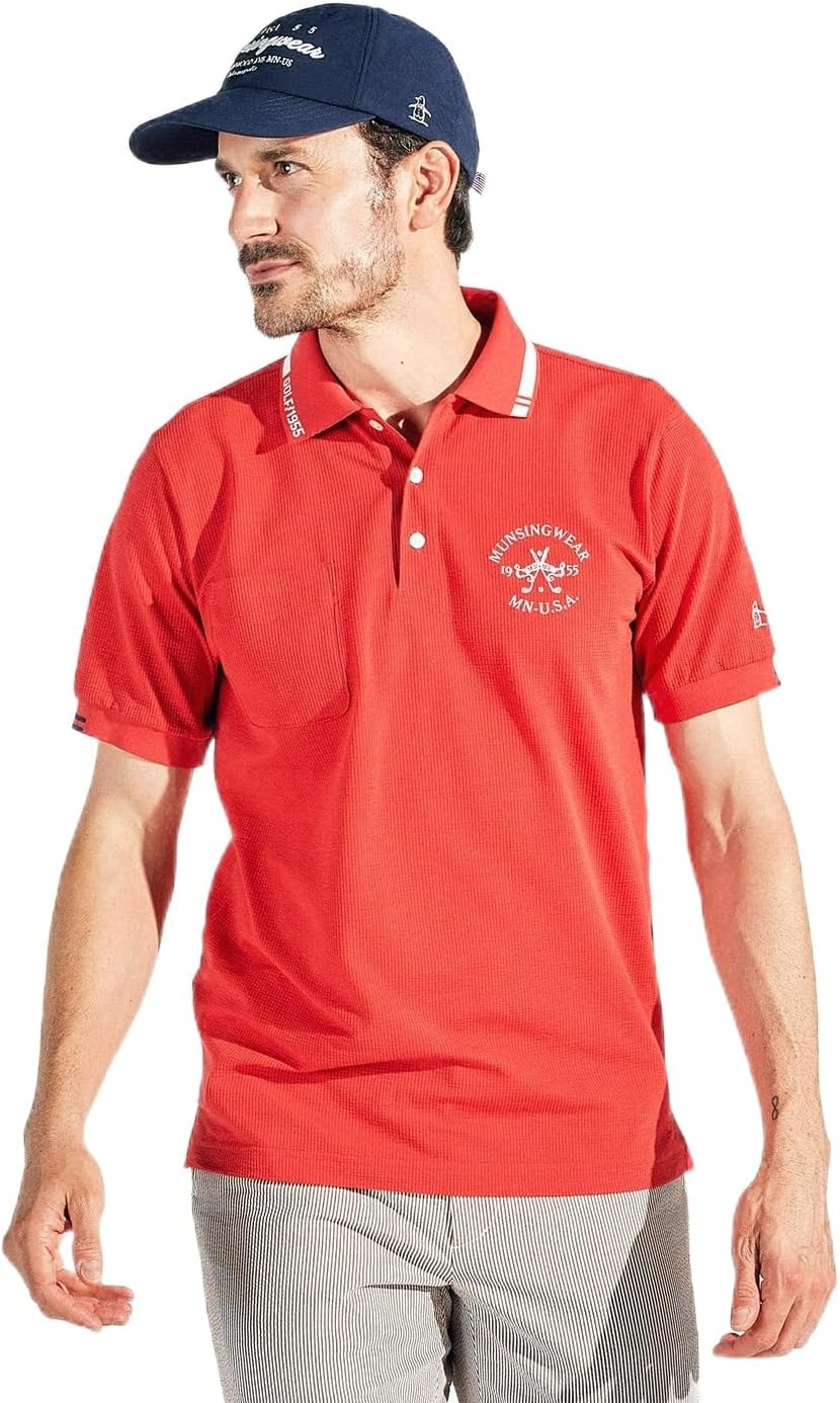 

Мужская футболка с коротким рукавом Munsing Wear MG5SHS26M, воротник, для футбола, влагоотводящая, быстросохнущая, с карманами, для гольфа Munsingwear, красный