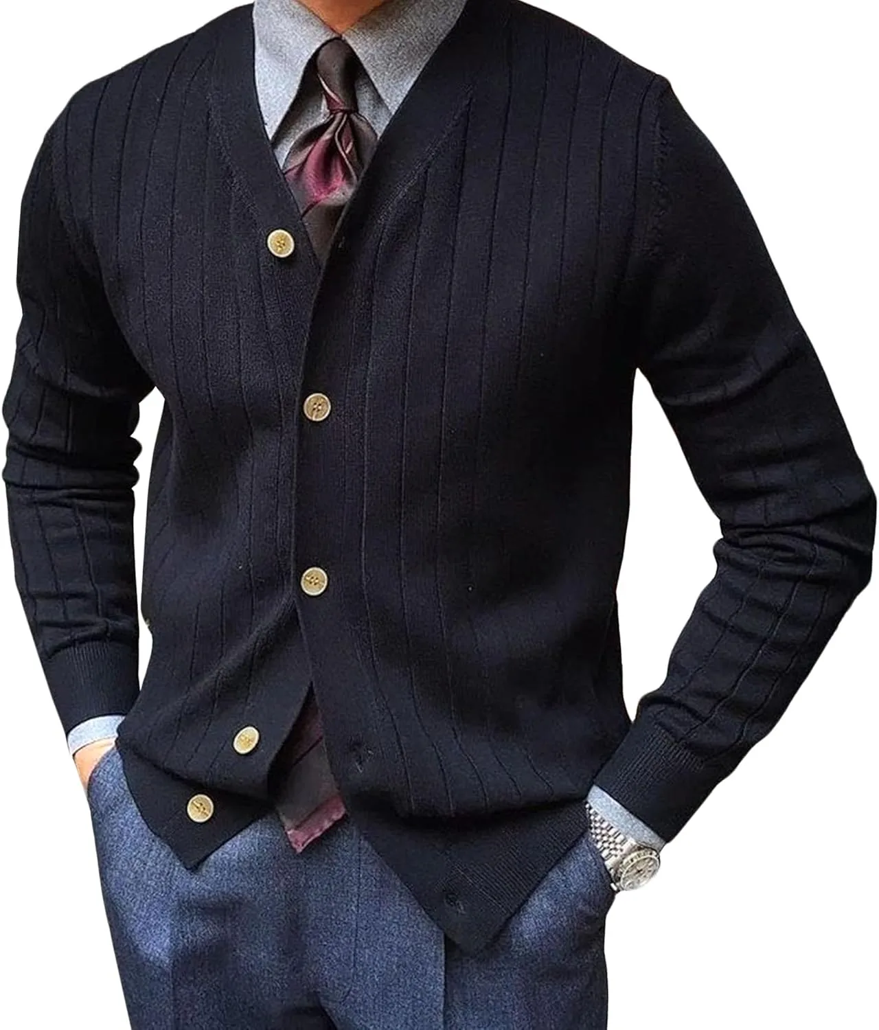 

Мужской вязаный кардиган с V-образным вырезом и длинными рукавами