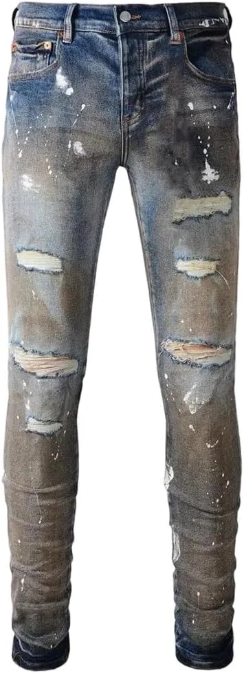 Джинсы с потертостями Men's High Street Retro Wash Distressed Holes Stretch Skinny Button Ripped Jeans Pants, 9012