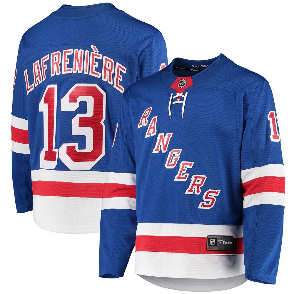 

Мужская синяя футболка Fanatics с логотипом Alexis Lafrenière New York Rangers Premier отколовшегося игрока, цвет Ran Blue