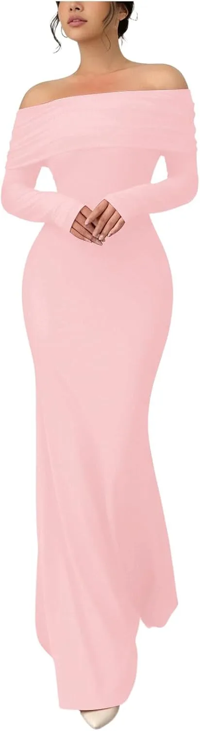 Платье Fall Bodycon для женщин, сексуальное с открытыми плечами, элегантное облегающее трендовое длинное платье для формального коктейля, выпускного вечера Generic, розовый