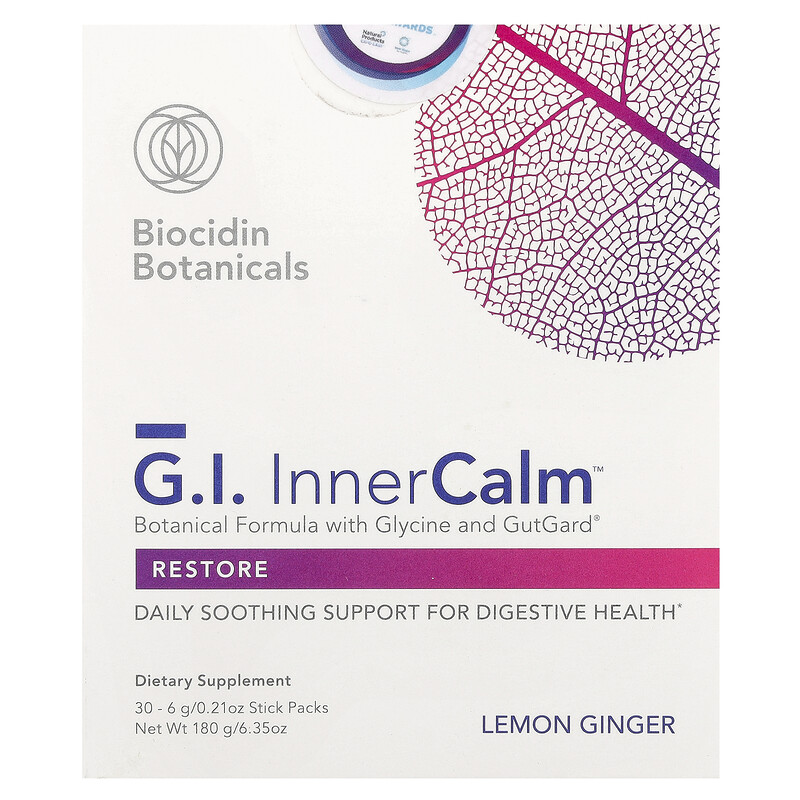 

Biocidin Botanicals, G.I. Inner Calm, лимон и имбирь, 30 стик-пакетов по 6 г (0,21 унции)
