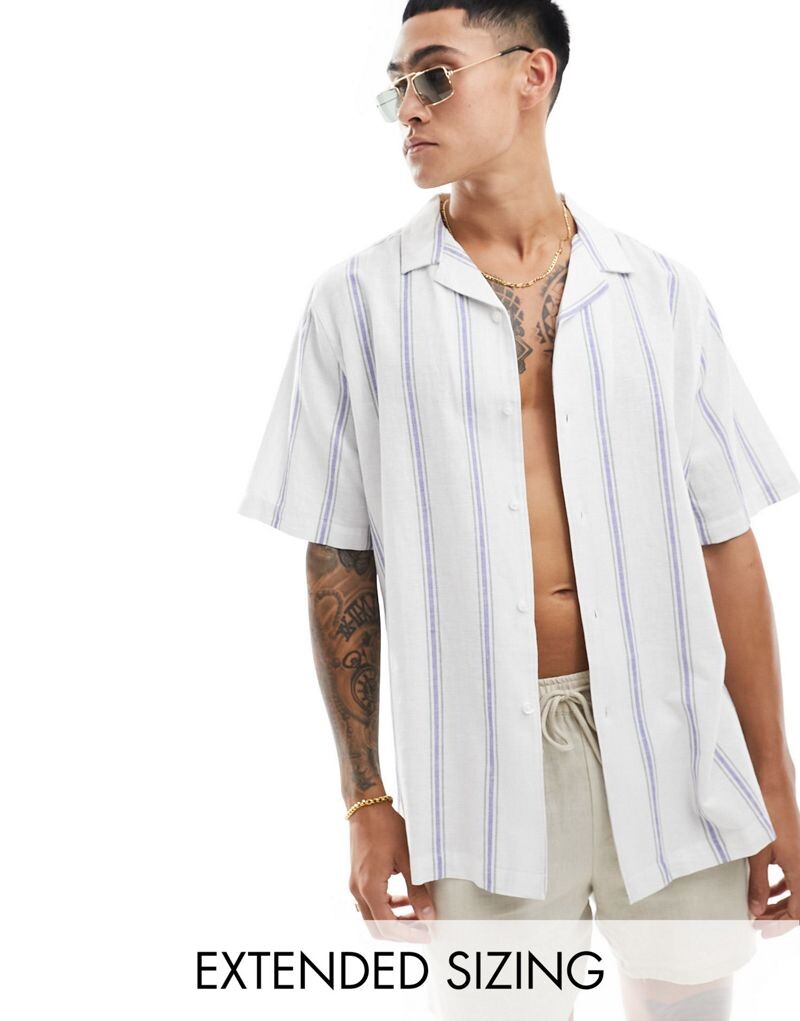 

Синяя рубашка в полоску из смесового льна ASOS DESIGN