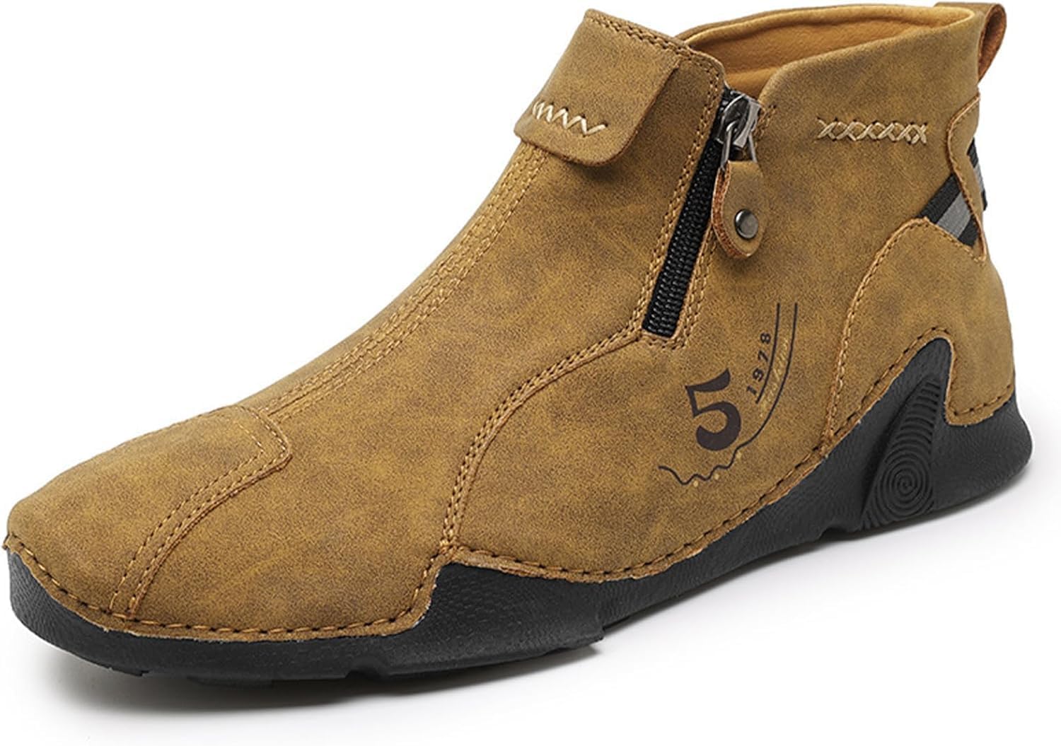 

Мужские кожаные ботинки до щиколотки с боковой молнией, ручная строчка, повседневные лоферы с дышащей конструкцией и противоскользящей подошвой (Размер для мужчин US-12.5, черные) Generic