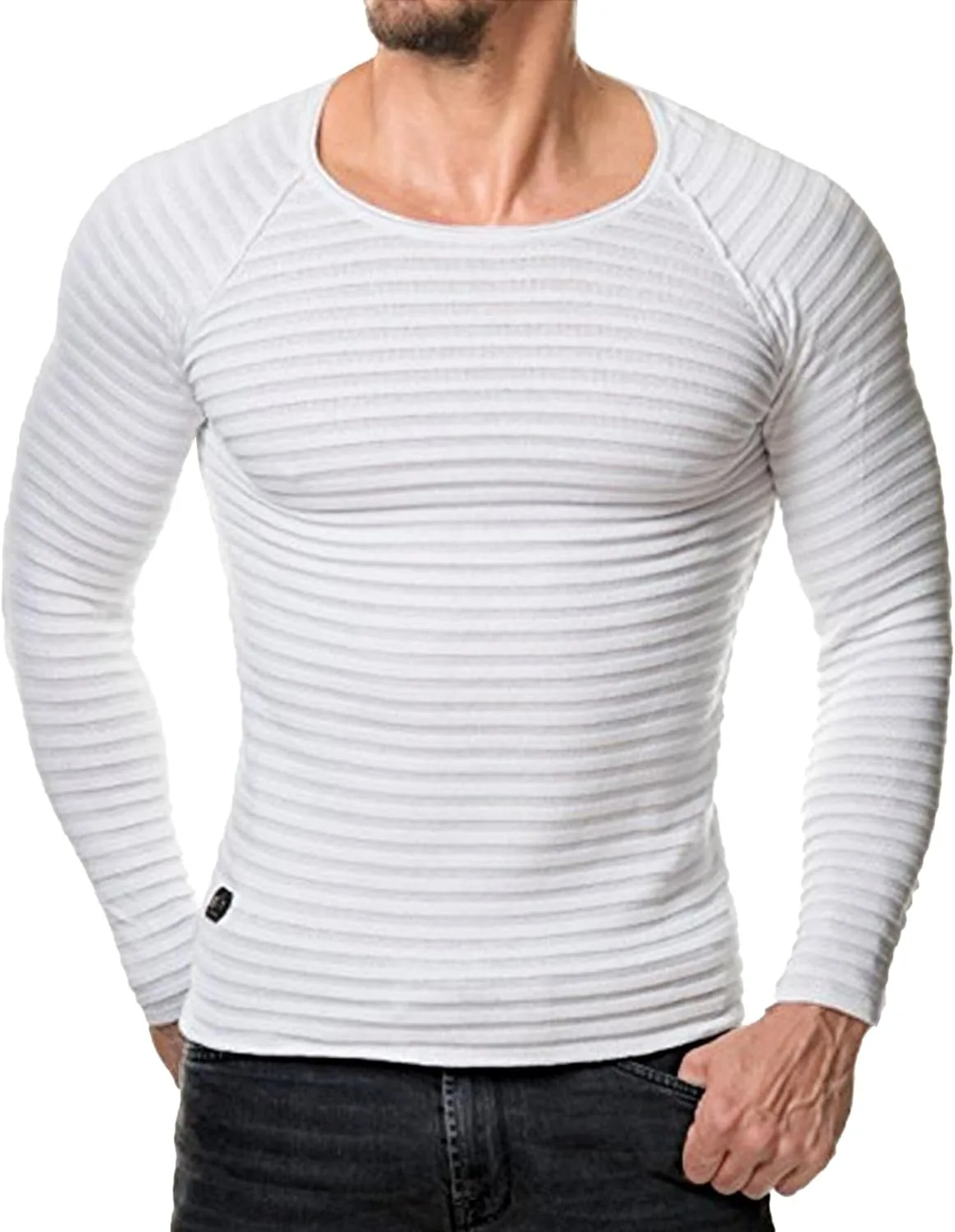 Мужской вязаный свитер с длинными рукавами, полоска, slim fit