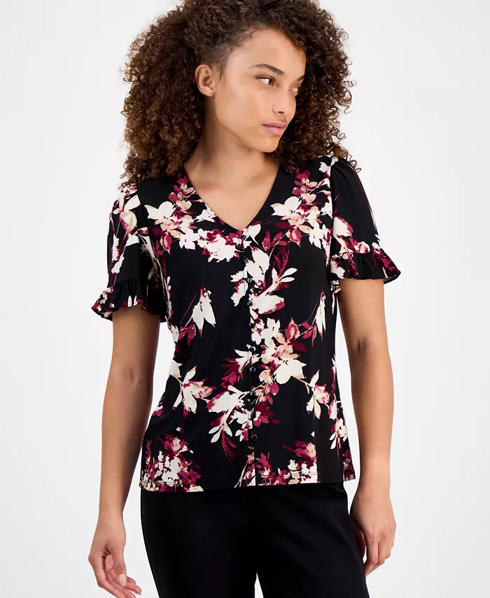 

Миниатюрная блузка с цветочным принтом и оборками на рукавах AK Anne Klein, черный