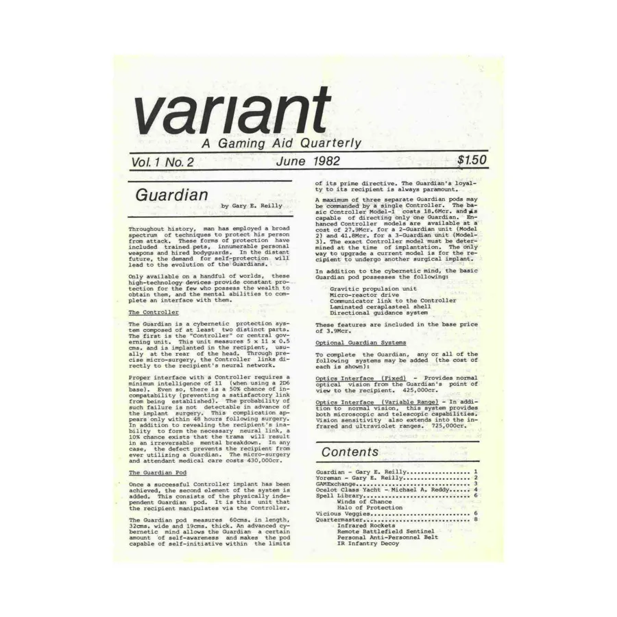 

Журнал Vol. 1, #2 "Yoreman NPC Class, Winds of Chance & Halo of Protection Spells, Infra-red Rockets", Variant Magazine