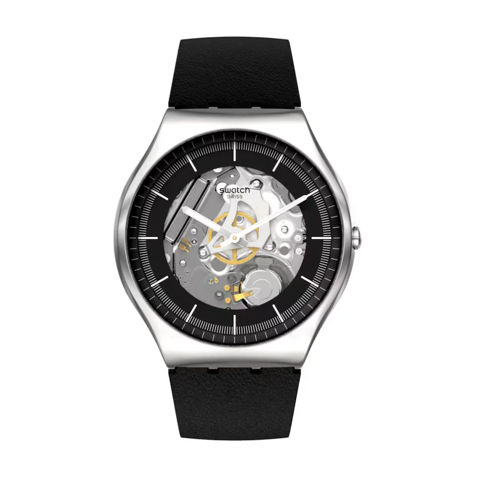 

Черные часы-скелетон на черном кожаном ремешке Swatch