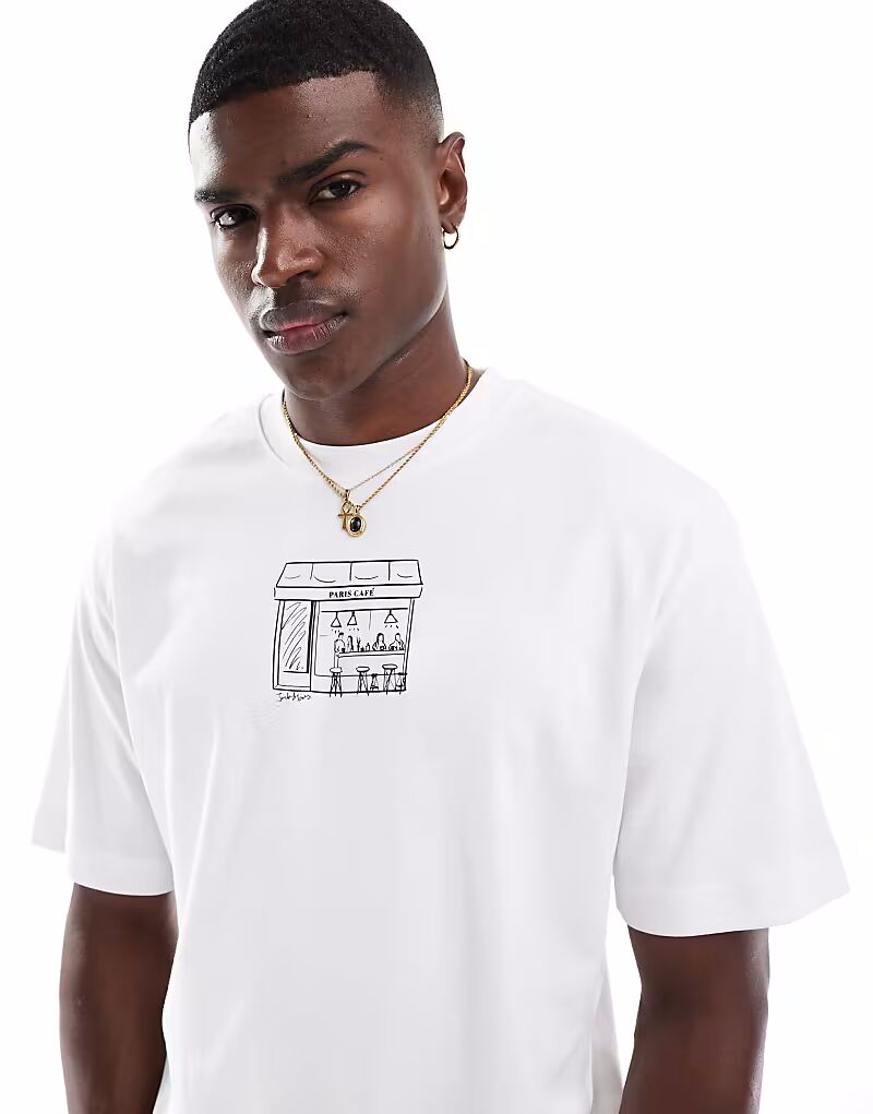 

Футболка Jack & Jones Premium oversize с принтом на груди в стиле кафе белого цвета