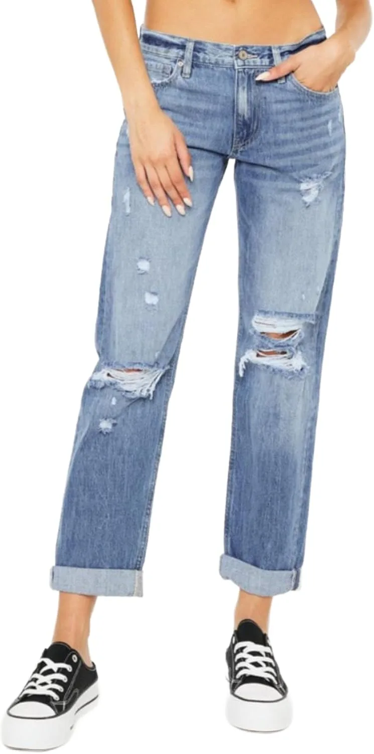 

Женские джинсы Casual Straight Mid-Waisted Boyfriend Denim Light Wash с потертостями Yanhoo