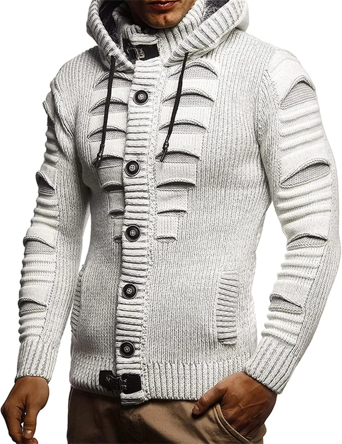 Мужской кардиган с капюшоном и воротником-шалью, slim fit — фото 3