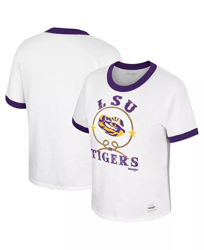 

Белая рваная футболка LSU Tigers Freehand Ringer для женщин x Wrangler Colosseum