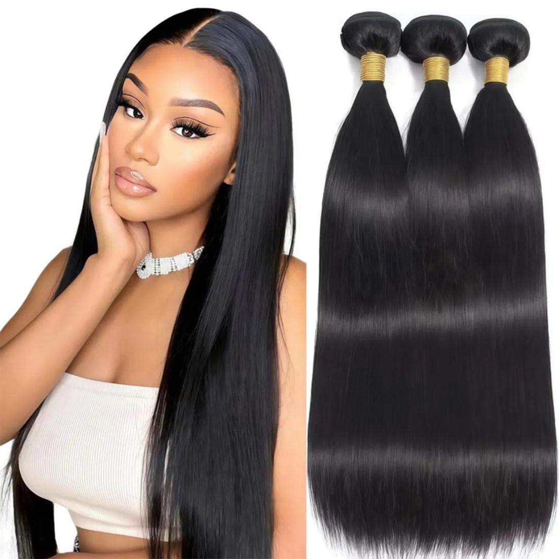 Натуральные прямые волосы для наращивания Remy от Real Hair, 3 пучка по 50 г (24 26 28 дюймов) Wuvusnm, #1B-Bd-St