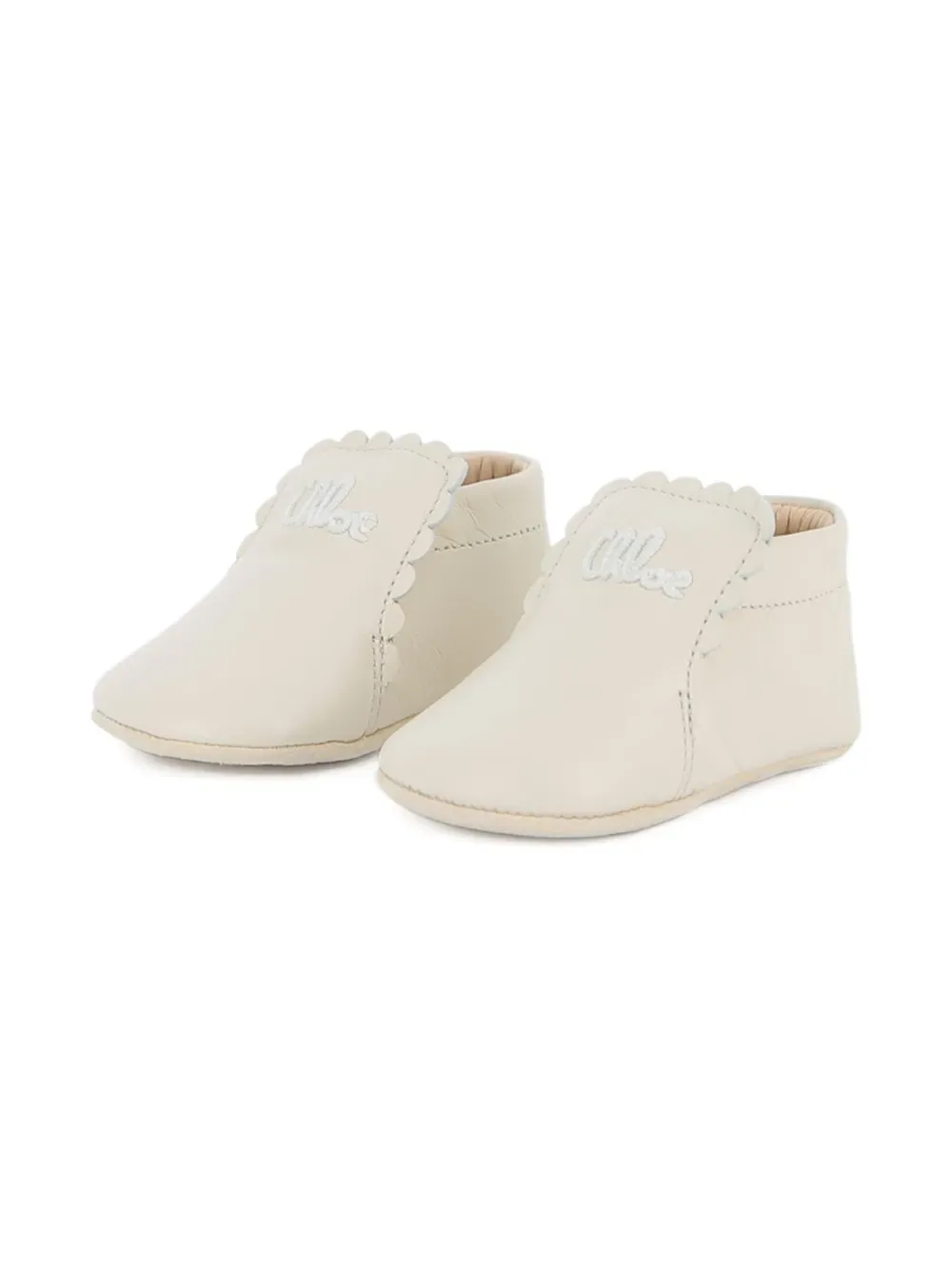 Слиперы с фестонами и вышитым логотипом Chloé Kids, бежевый