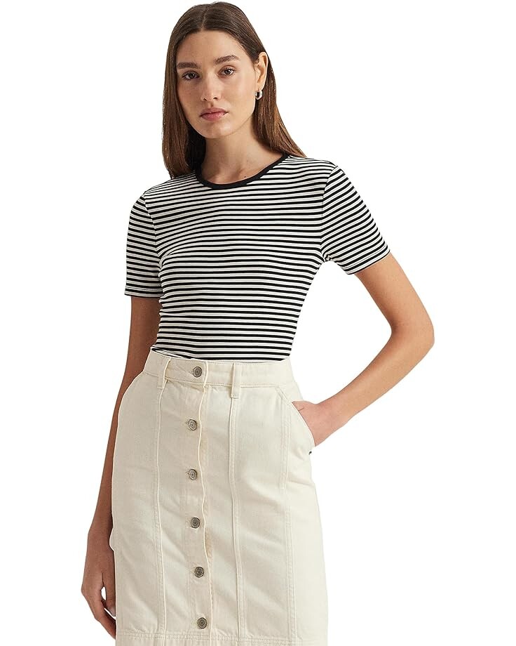 

Футболка LAUREN Ralph Lauren Striped Stretch Cotton Crewneck, цвет Black/Mascarpone Cream