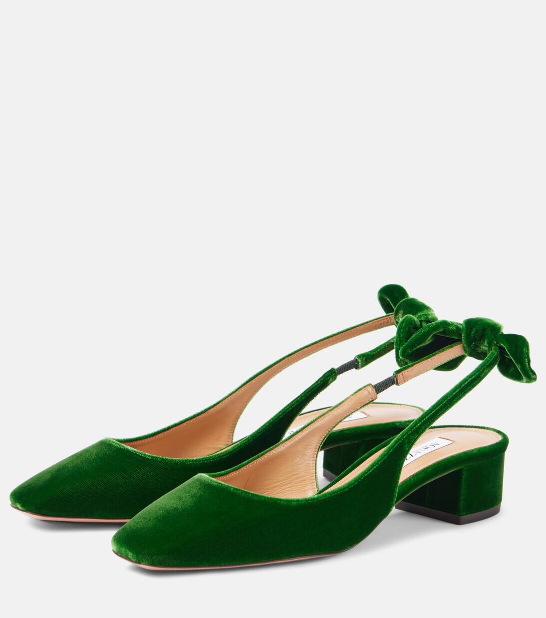 Бархатные туфли-лодочки Very Bow Tie 35 с открытой пяткой Aquazzura, цвет malachite — фото 4