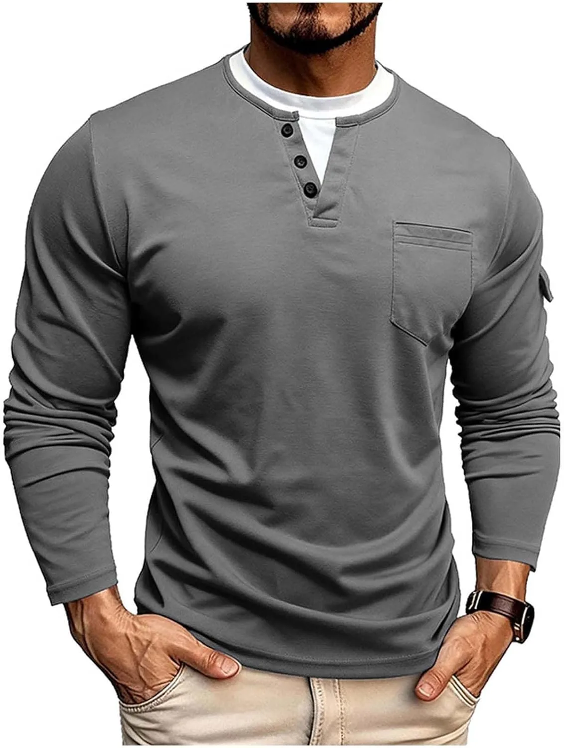 

Мужская футболка с карманом, легкая, с длинным рукавом QUNPIU