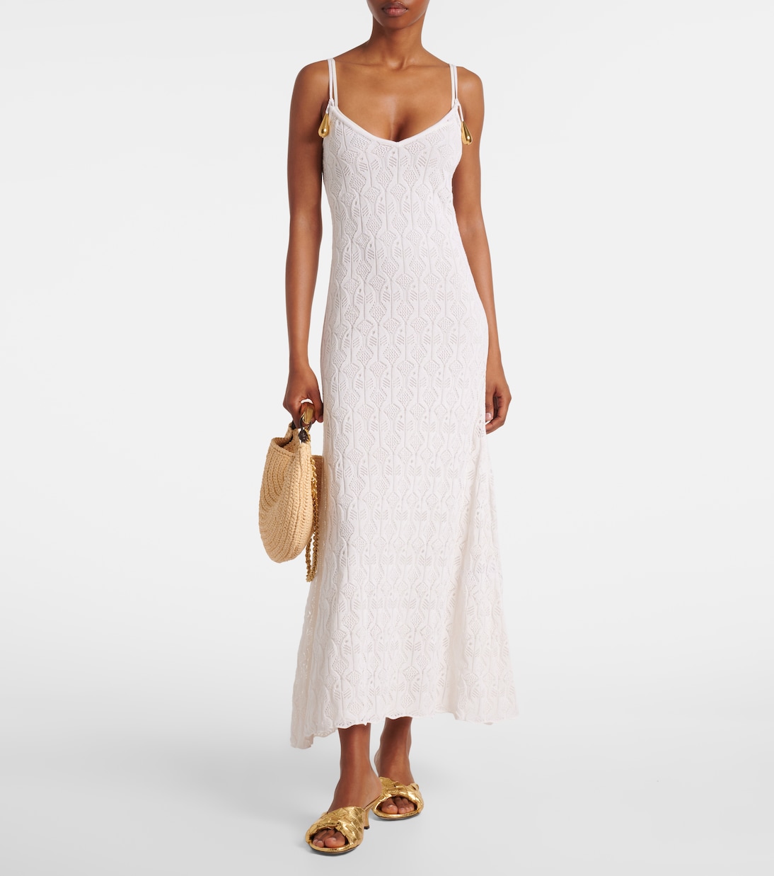 Длинное платье из хлопка и шелка с кружевом Fish Lace Bottega Veneta, Chalk — фото 2