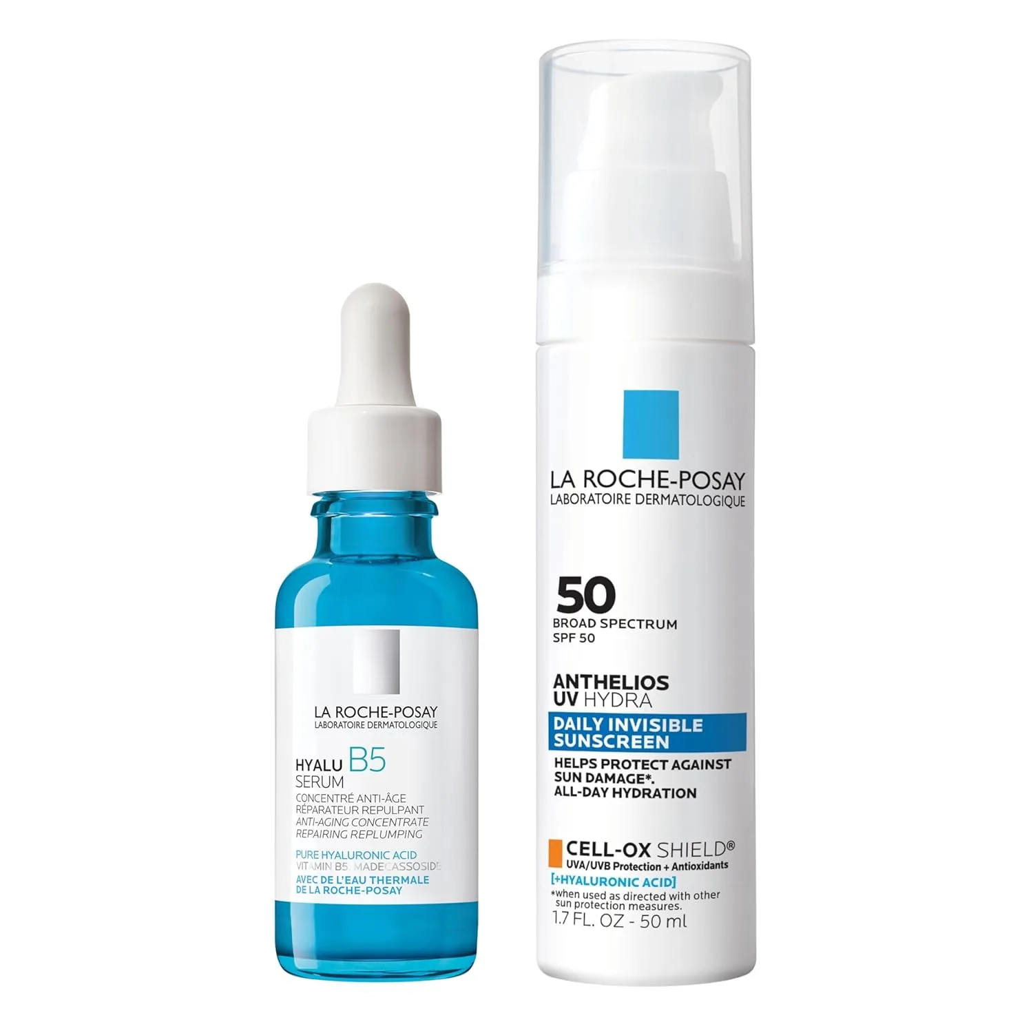 Набор La Roche-Posay: сыворотка для лица Hyalu B5 Pure Hyaluronic Acid, увлажняющая сыворотка, и солнцезащитный крем Anthelios UV Hydra SPF 50