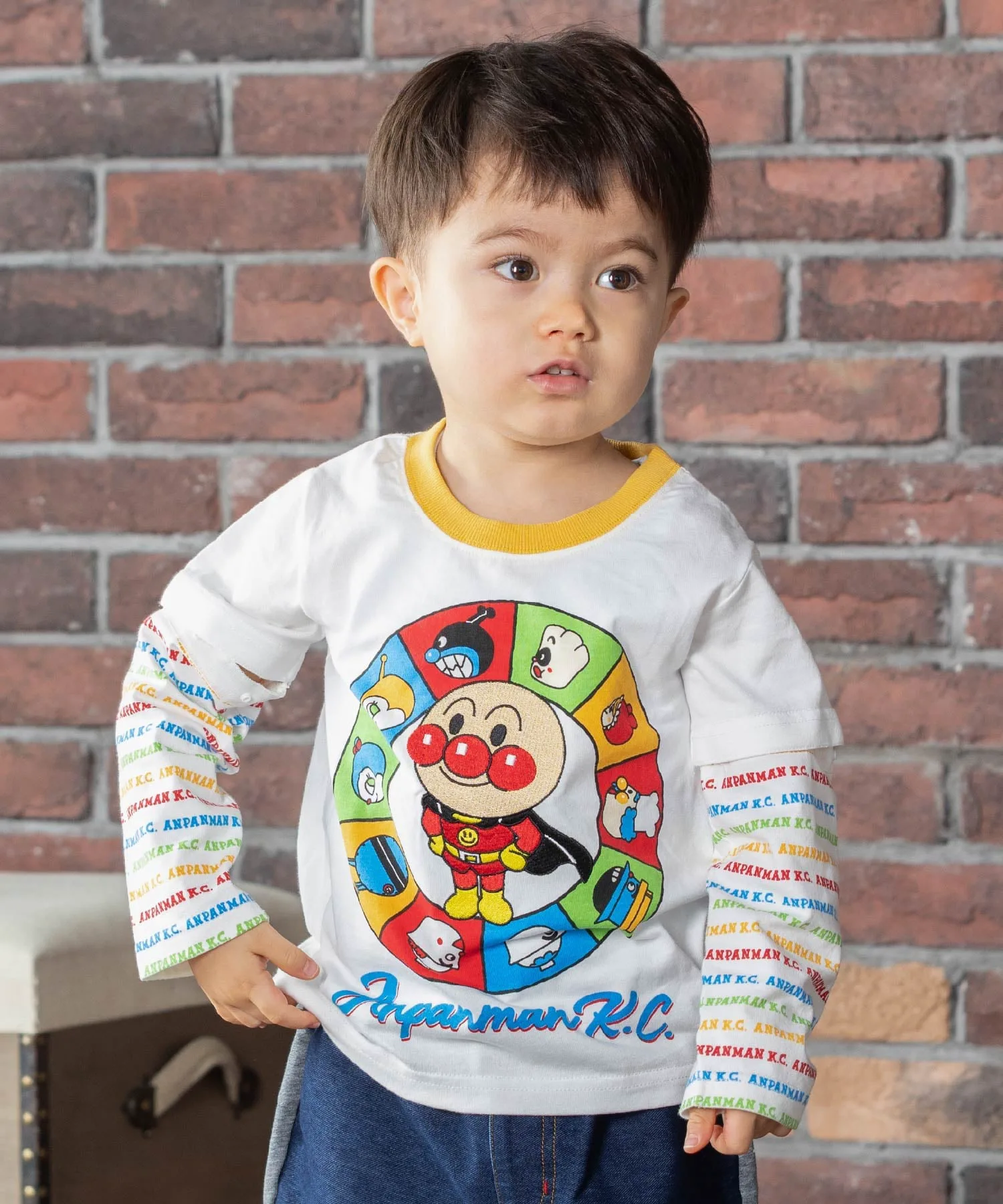 Детская коллекция ANPANMAN/(K) Футболка с длинным рукавом и вышитым профилем Anpanman со съемными рукавами Anpanman Kids Collection, Off-white
