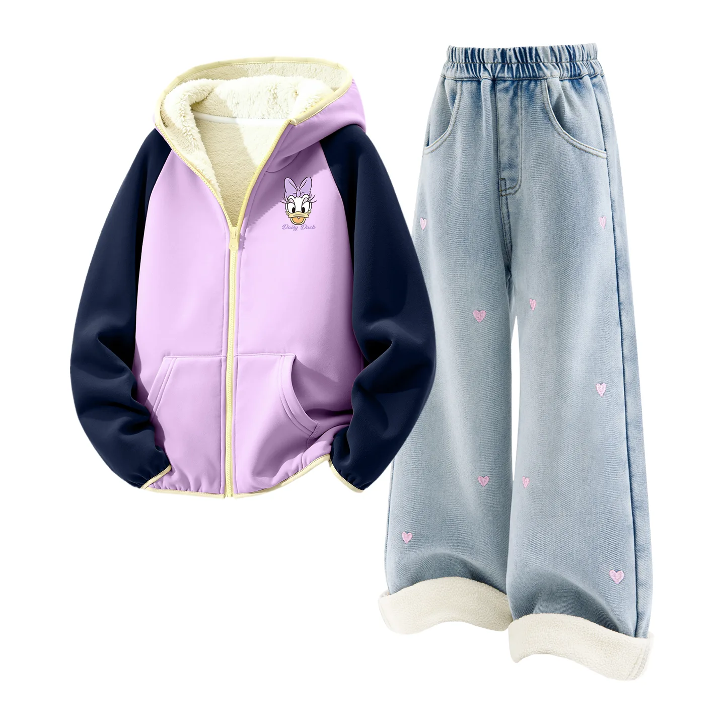 Детский спортивный костюм с воротником-стойкой на флисе Disney, [Thickened and Fleece-Lined]Daisy Duck K Purple+Solid Color Denim Light Blue