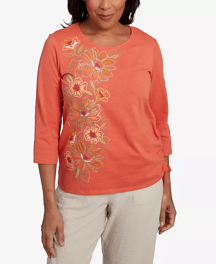 

Женская блузка Copper Canyon с асимметричным вырезом, цветочной вышивкой и драпировкой Alfred Dunner, оранжевый