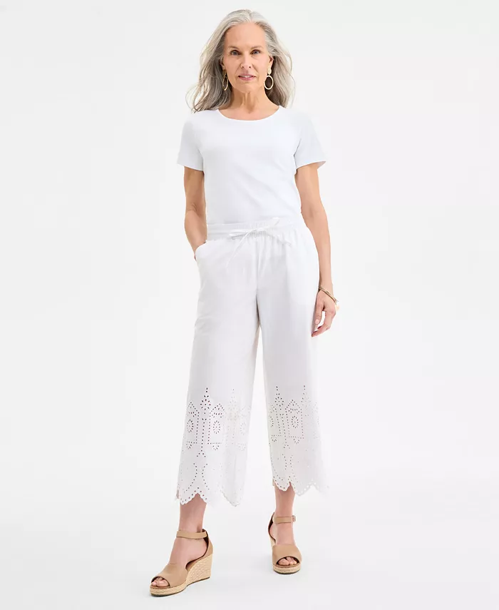 

Женские хлопковые брюки свободного кроя с ажурной вышивкой Style & Co, белый