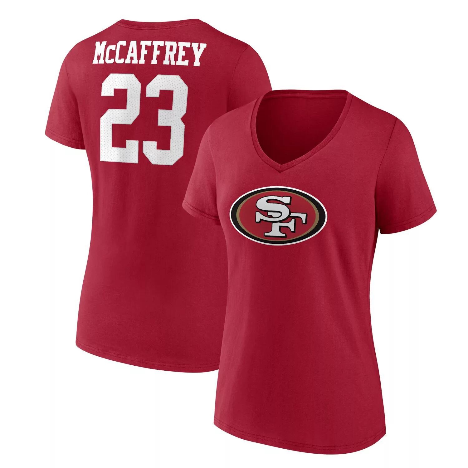 

Женская футболка Fanatics с логотипом Christian McCaffrey Scarlet San Francisco 49ers, значок игрока, имя и номер, футболка с v-образным вырезом Fanatics