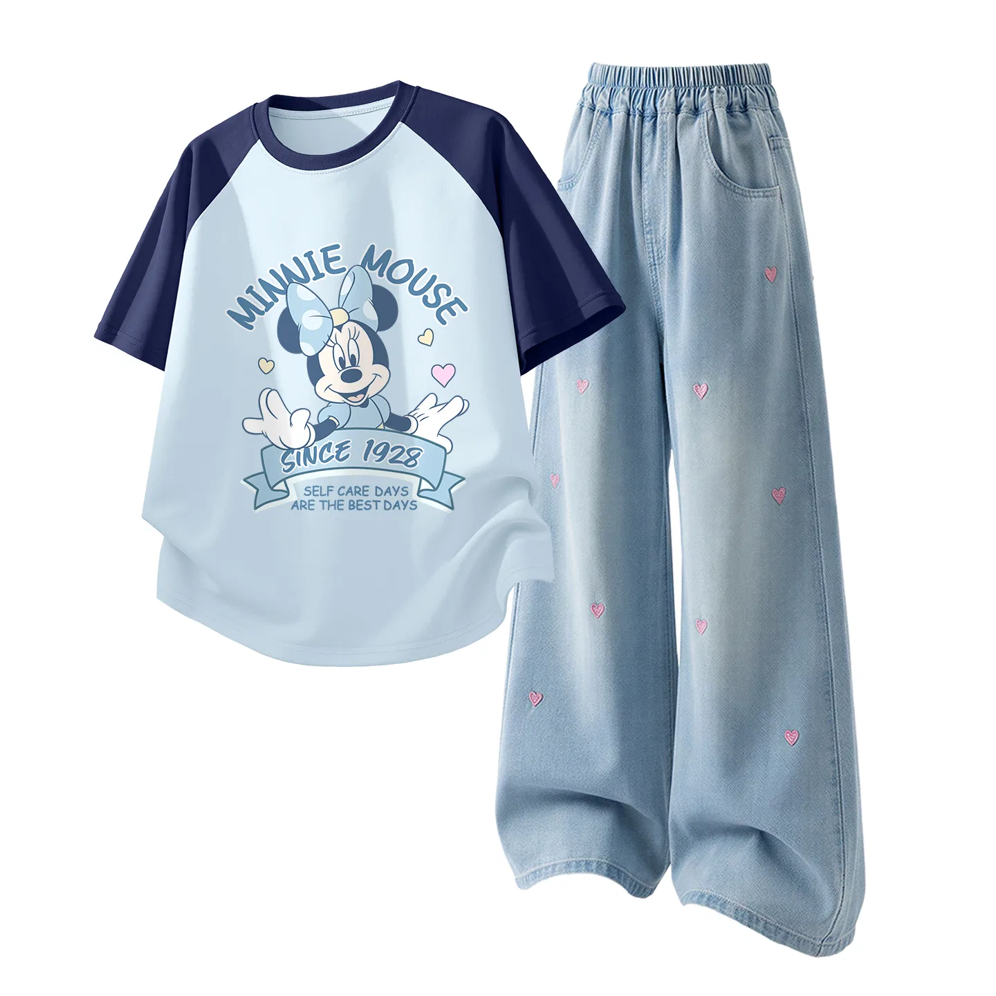 Детская повседневная спортивная футболка с круглым вырезом Disney, Di L Colored Ribbon Nini Blue White+Solid Color Denim Light Blue