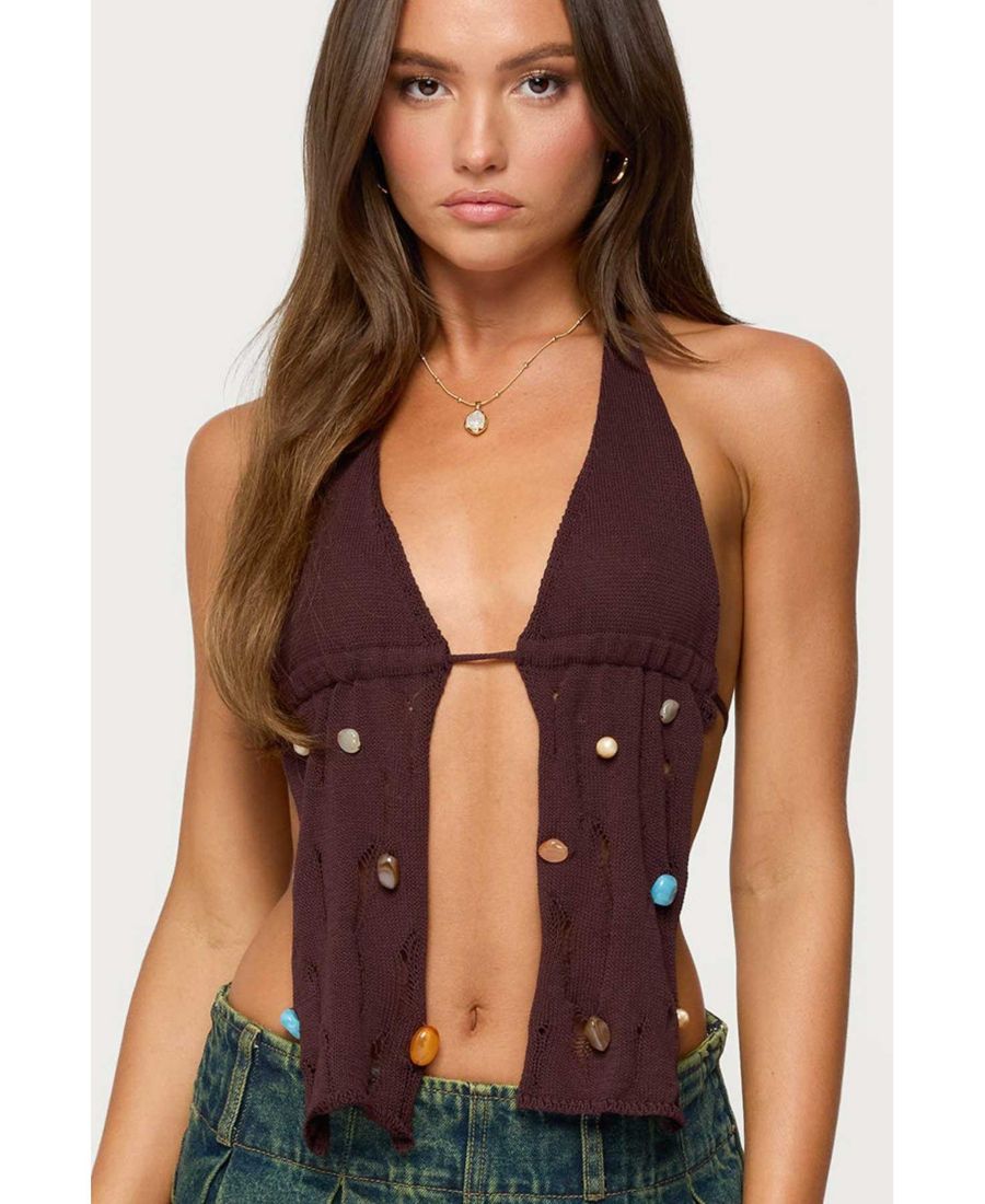 

Женская трикотажная блузка с разрезом спереди и бисером, с эффектом потертости Edikted, Brown