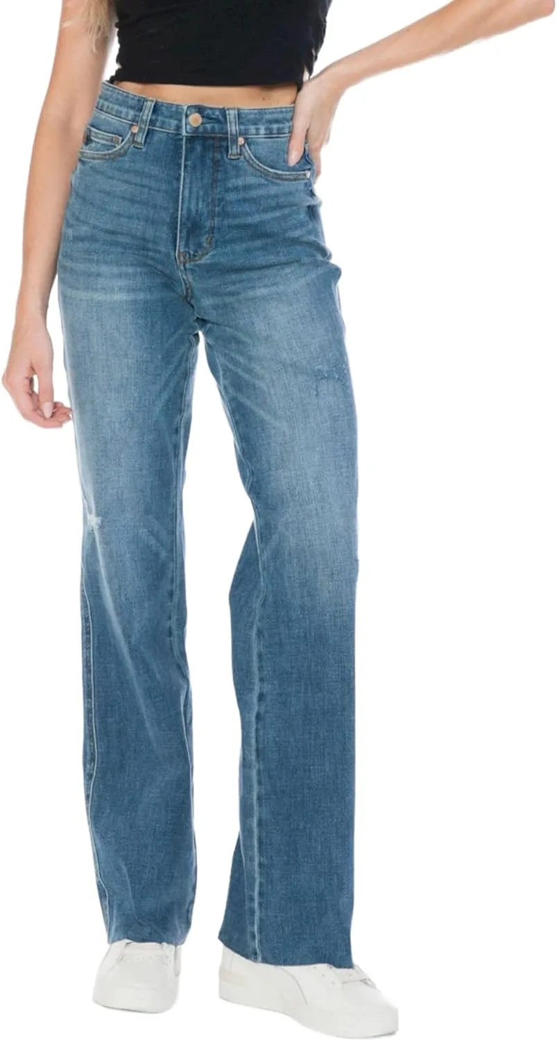 

Judy-B Женские повседневные прямые джинсы с эффектом контроля живота, ретро, средняя потертость, высокая посадка Yanhoo