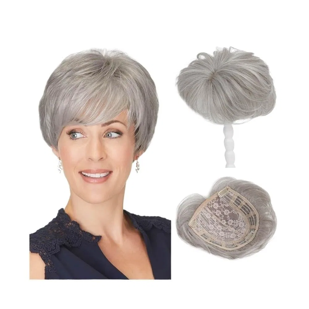 Женский синтетический парик-топпер «Pixie Cut» для тонких волос Jianbohairs, Silver Gray