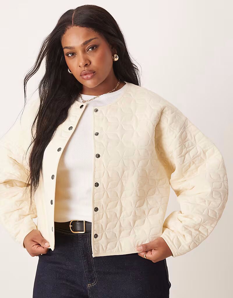 

Стеганая куртка ASOS DESIGN Curve с рукавами-коконами кремового цвета