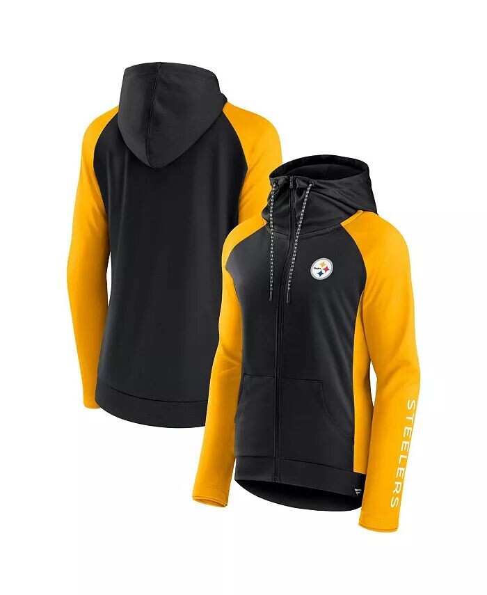 

Женская черно-золотая худи с молнией во всю длину Pittsburgh Steelers End Round реглан Fanatics