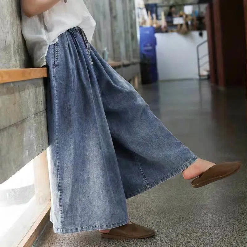 Джинсы широкие Womens Extra Wide Leg Denim Pants Baggy High Waisted Jeans Elastic Waist Plus Size Loose Casual, синие — фото 4