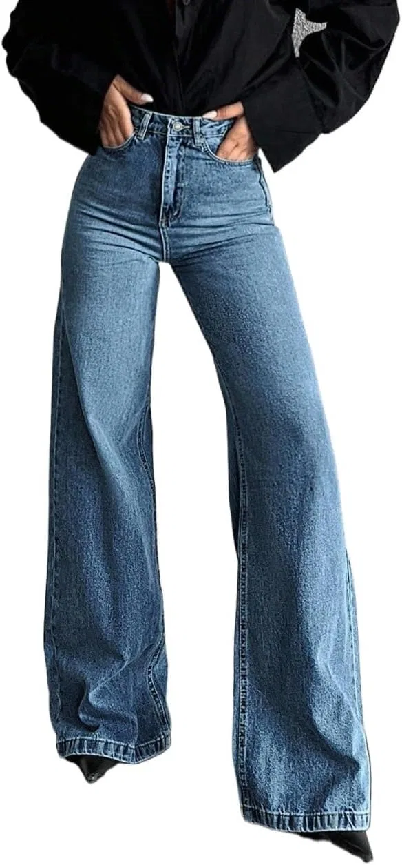 Джинсы с высокой посадкой, широкие штанины, Medium Wash
