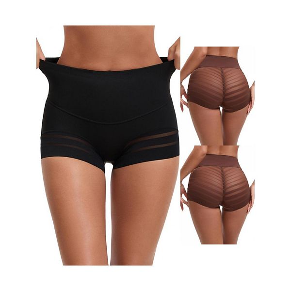 

3 пачки женских шорт-шейперов с высокой талией и эффектом контроля живота, сетчатое белье в полоску Inspire Chic, Coffee Black