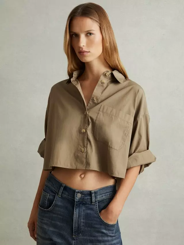 

Рубашка Reiss Solene Cropped Cotton, хаки