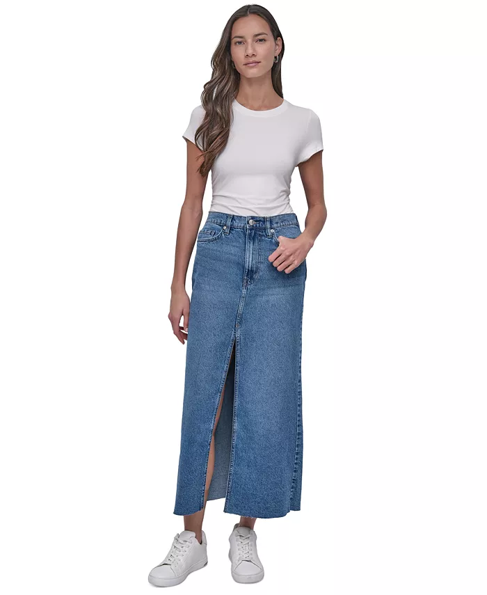 

Женская хлопковая джинсовая юбка макси с высокой талией DKNY Jeans, синий