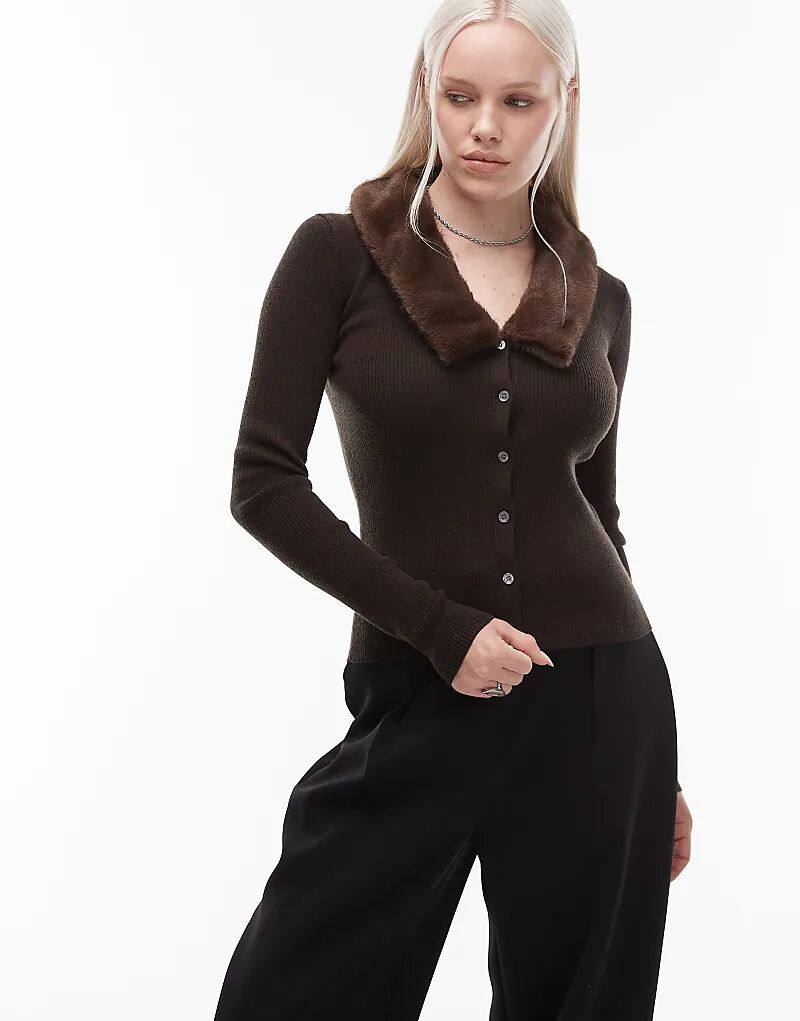 

Кардиган ARKET из чистой шерсти с манжетами и воротником из искусственного меха, темно-коричневый