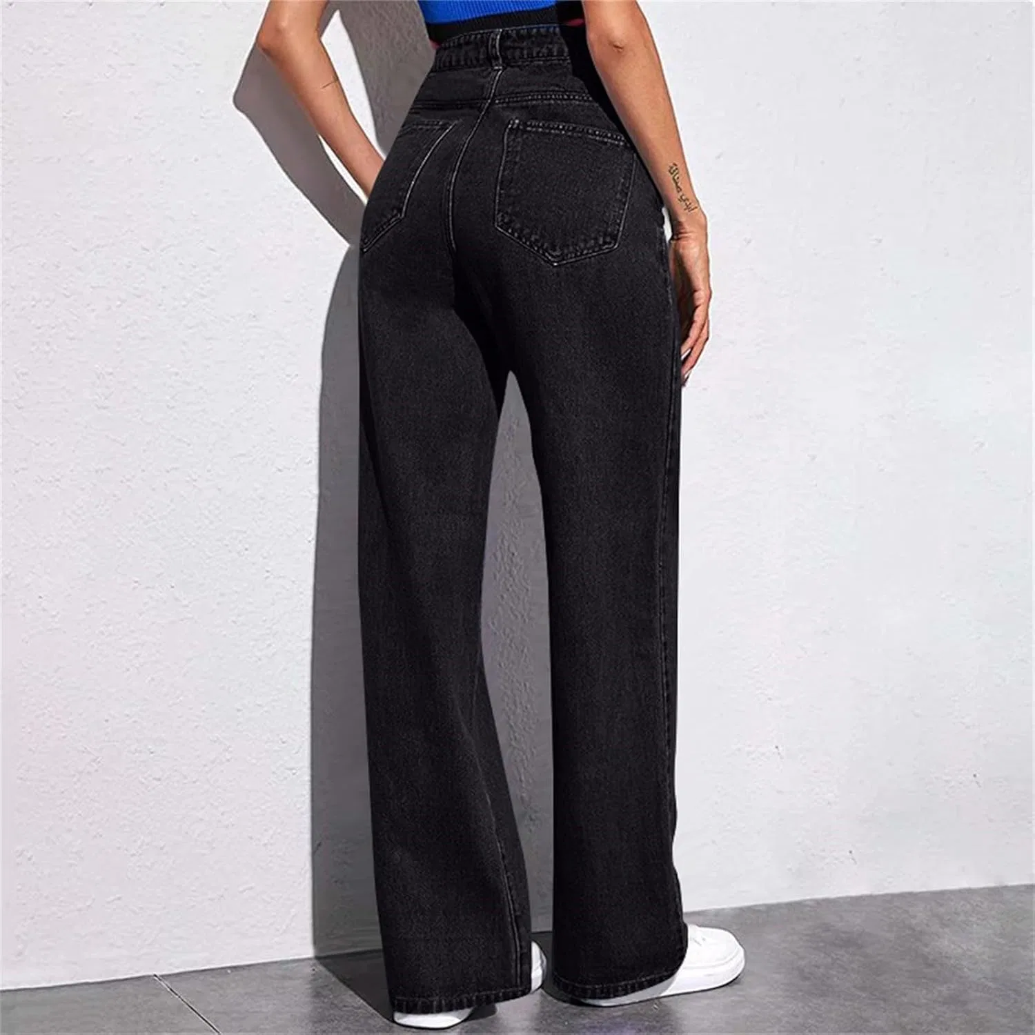 Джинсы прямые свободные Women's Wide Leg Jeans High Waisted Stretchy Straight Leg Trousers Trendy Seamed Front Loose Denim Pants, Black — фото 3