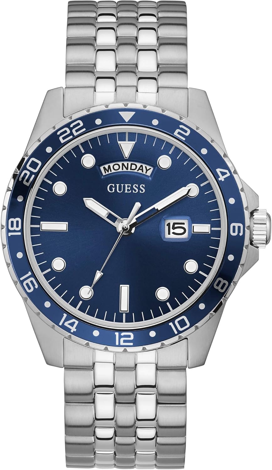 

GUESS Мужские часы Dress Day-Date 44mm, Silver Tone/Silver Tone/Blue