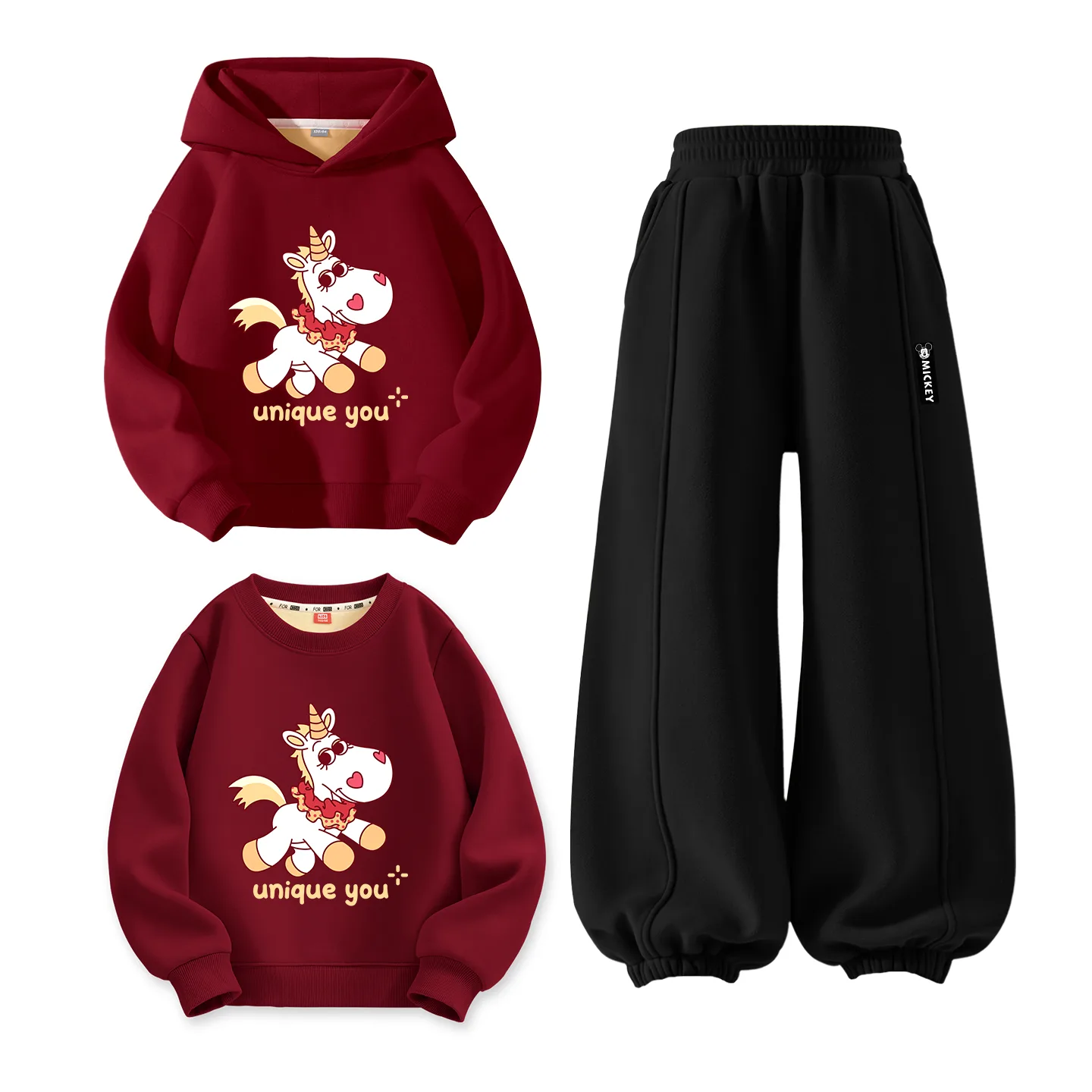 Детский спортивный комплект из 3 предметов Disney, [Thickened and Fleece-Lined]Diy Fireworks Starlight K Burgundy+Diy H Long Hook-and-Loop K Black+Diy Fireworks Starlight K Burgundy — фото 3