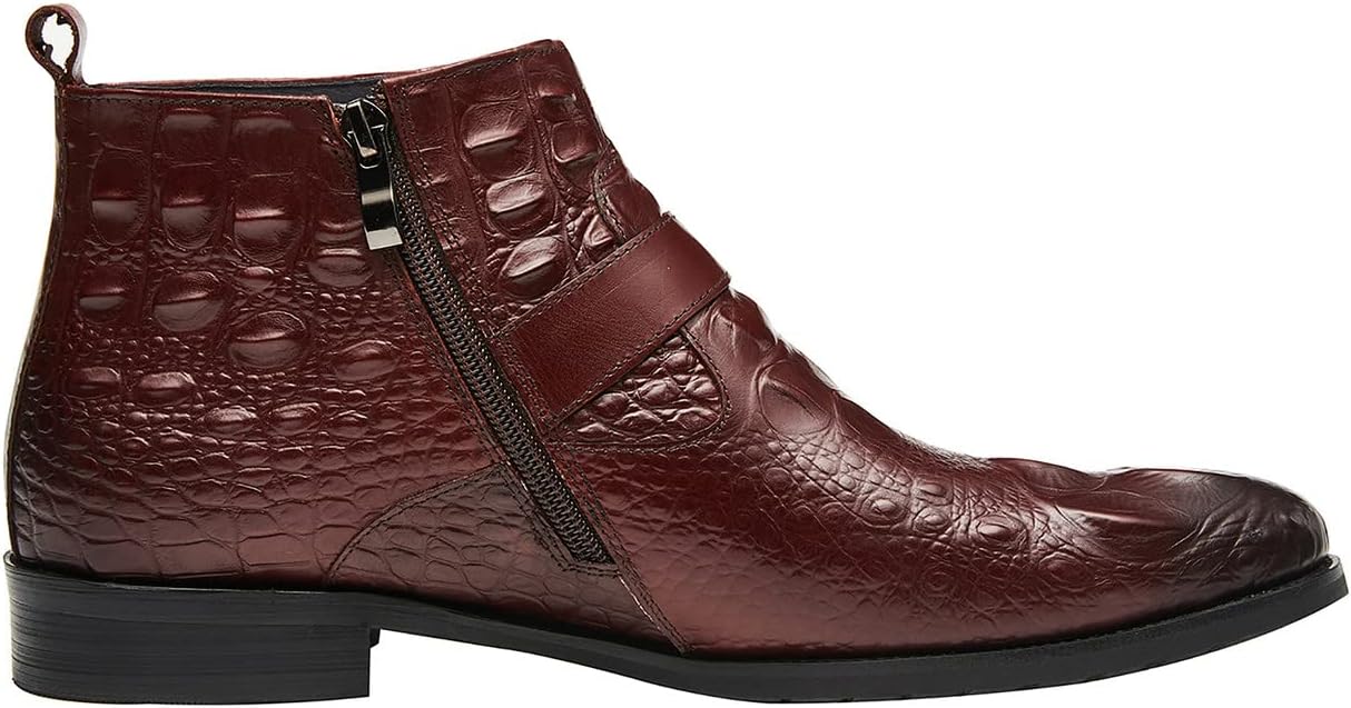 Мужские ботинки Santimon Mens Chelsea с молнией и пряжками, из натуральной кожи с аллигаторским тиснением, лакированные короткие ботинки для мужчин, модные, для выпускного, свадьбы, вечеринки, ковбойские, смокинг, вестерн, бордовый — фото 2