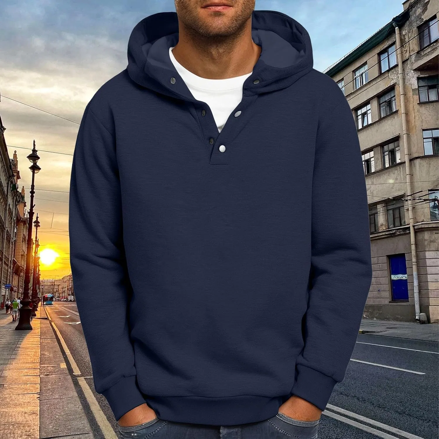 Толстовка с капюшоном мужская на молнии, свободный крой, Dark Blue — фото 4