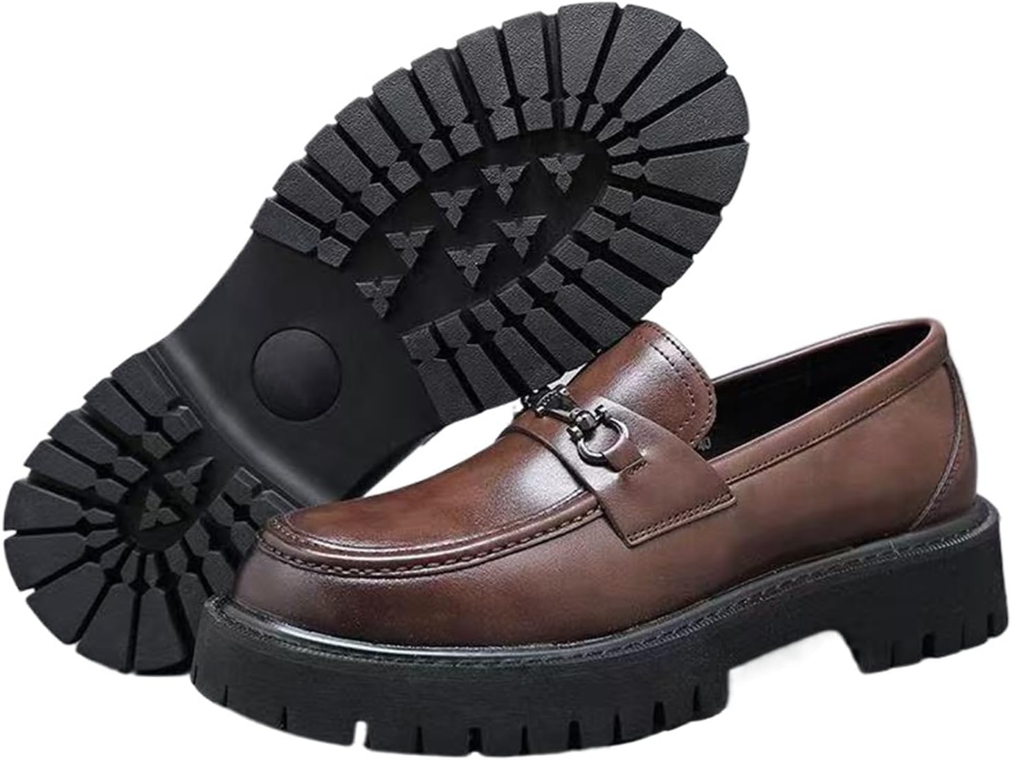 

Мужские лоферы на платформе из лакированной кожи, устойчивые к скольжению, с амортизацией, повседневные модные, с круглым носком, без шнурков, с рифленой подошвой для бизнес-мероприятий, работы и повседневной носки Generic, коричневый