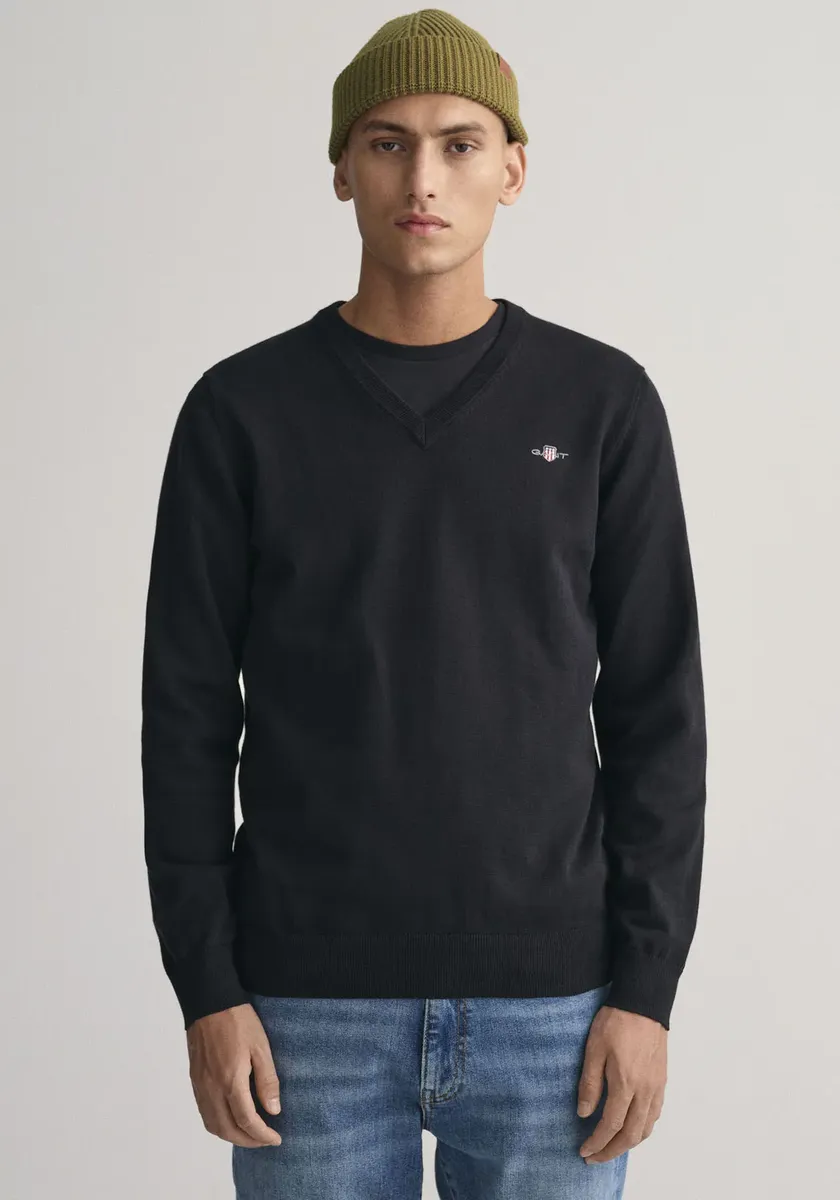 

Свитер Gant с V-образным вырезом "Classic Cotton V-Neck", трикотаж премиум-класса из мягкого 100% хлопка, переходный свитер, черный