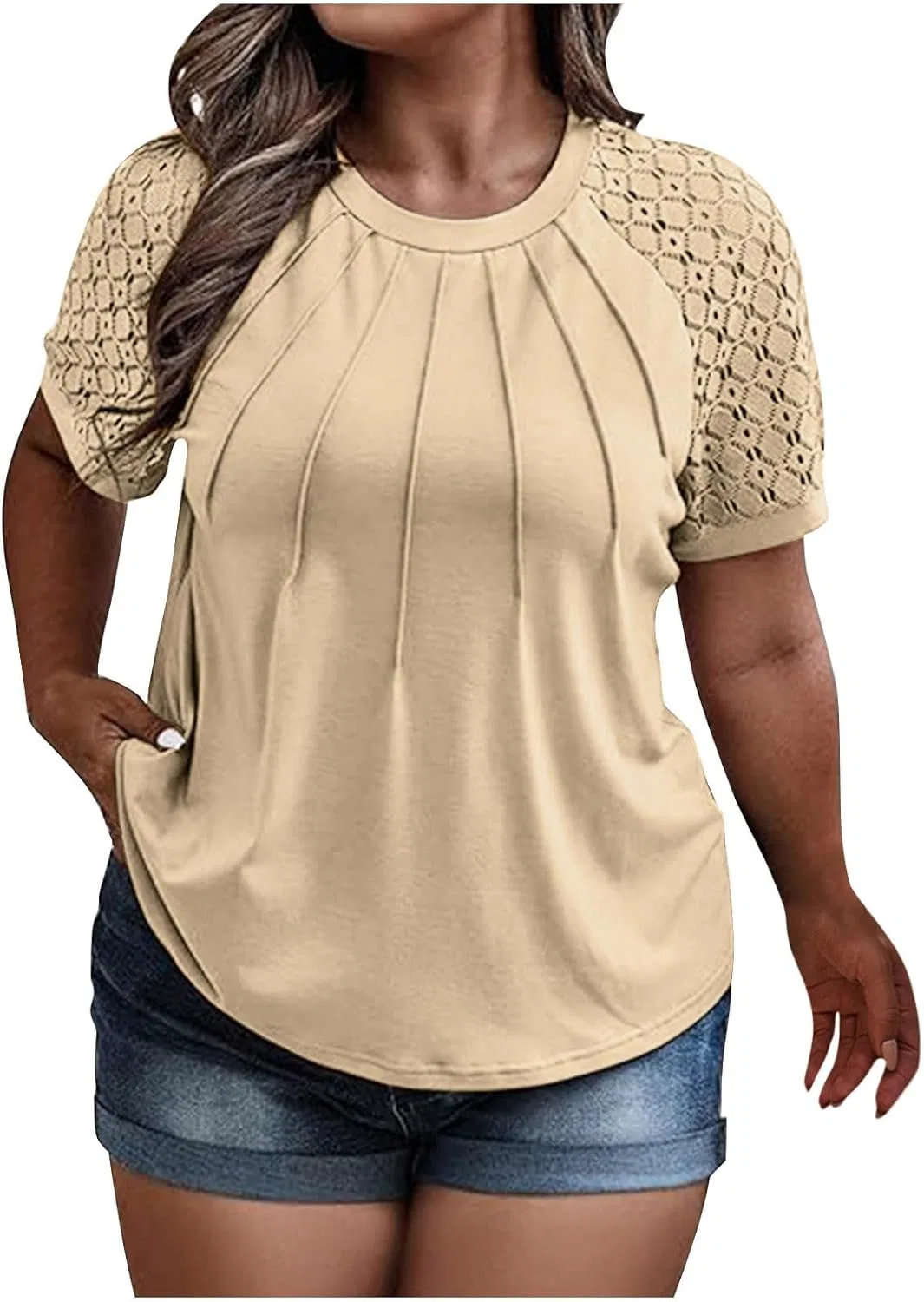 Футболка с круглым вырезом и кружевными рукавами, Oversized, Khaki