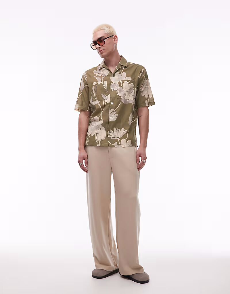 

Рубашка с короткими рукавами из хлопка с цветочным принтом манго светло-зеленого цвета Mango