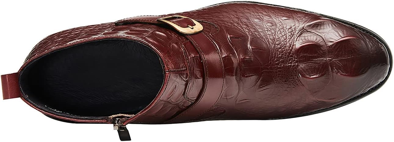 Мужские ботинки Santimon Mens Chelsea с молнией и пряжками, из натуральной кожи с аллигаторским тиснением, лакированные короткие ботинки для мужчин, модные, для выпускного, свадьбы, вечеринки, ковбойские, смокинг, вестерн, бордовый — фото 3